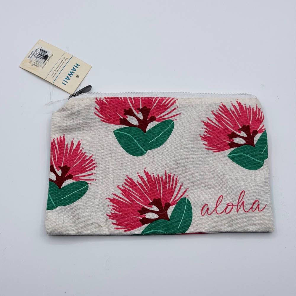 Chiefly Hawaii Aloha Floral Zip Pouch Ohia Lehua Recycled Cotton Cosmetic Bag